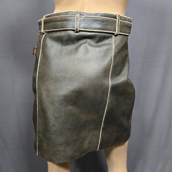 Y2K Brown leather Mini Skirt Size M Belted Zip Front Distressed Lined - Picture 8 of 10